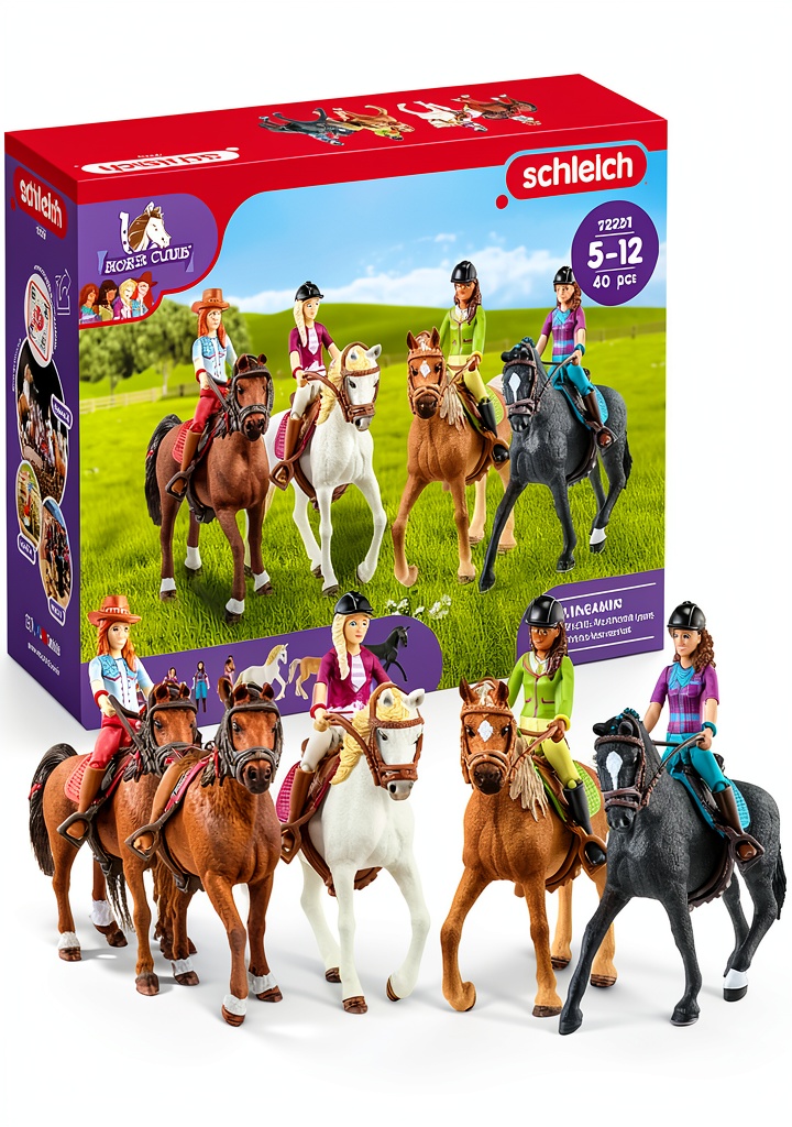 Schleich Horse Club set displayed with riders and horses on a play mat