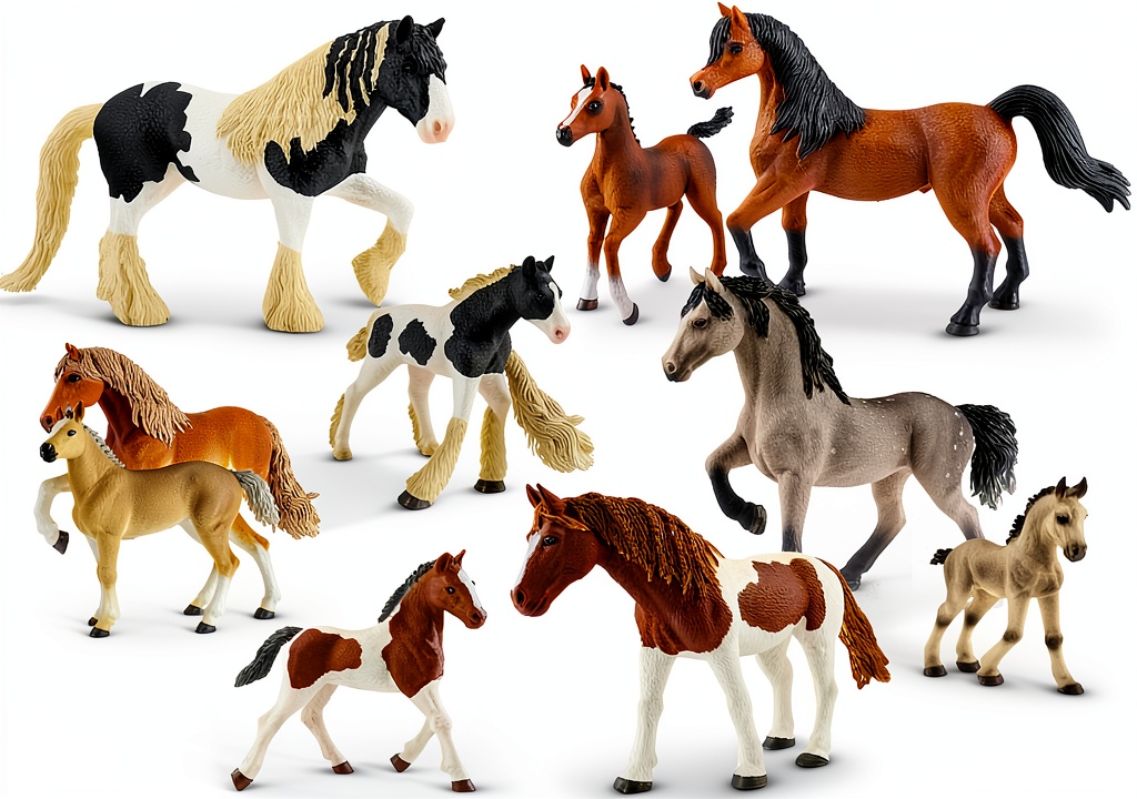 'Toy-Mate horse figurines set displayed on a green pasture background'
