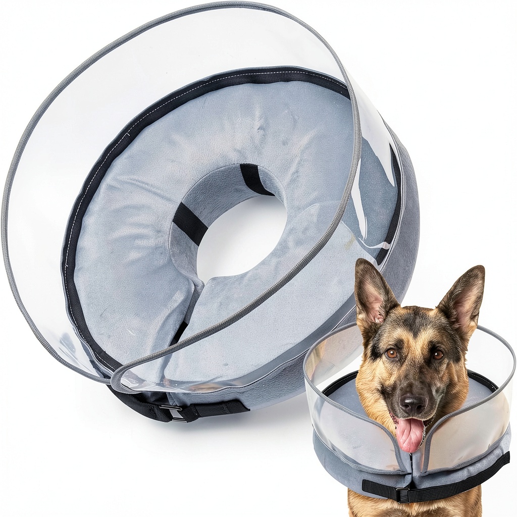 Installing BARKLESS Inflatable Dog Cone Collar Recovery Alternative on a wooden desk