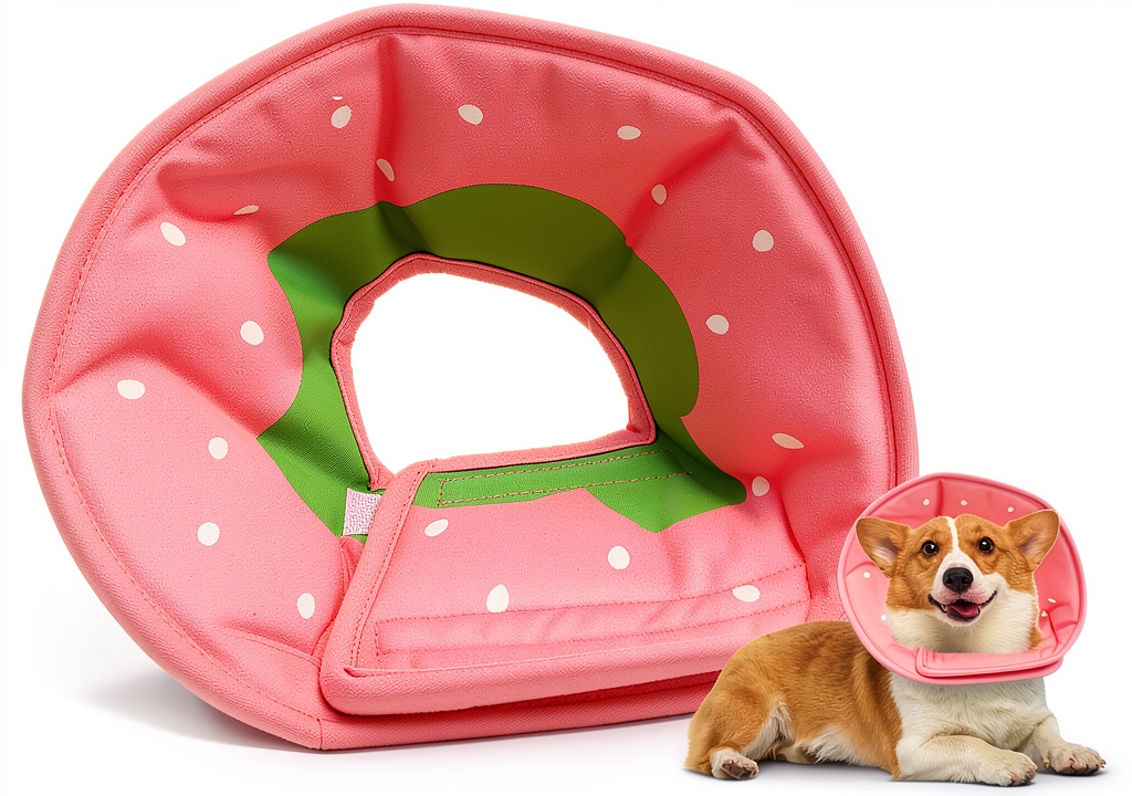 Gudududu pet recovery collar in strawberry design on a small dog