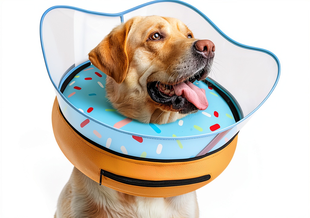 Installing Toptakeit Inflatable Dog Collar Recovery Cone Donut Design on a wooden desk