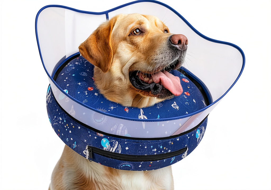 Dog wearing Toptakeit inflatable donut collar during a walk