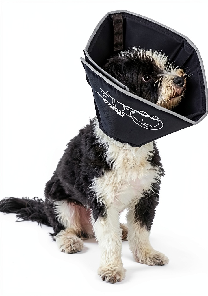Installing Comfy Cone Pet Recovery Collar for Dogs and Cats on a wooden desk